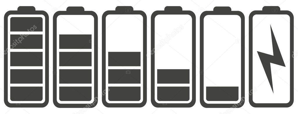 Battery charges in black. Battery charge indicator icons, vector graphics. EPS 10.