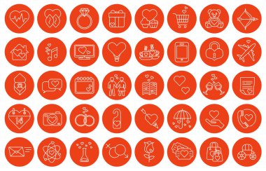 Romantik semboller. Kırmızı çemberde beyaz çizgili romantik ikonlar. Sevgililer Günü elementleri. EPS 10.