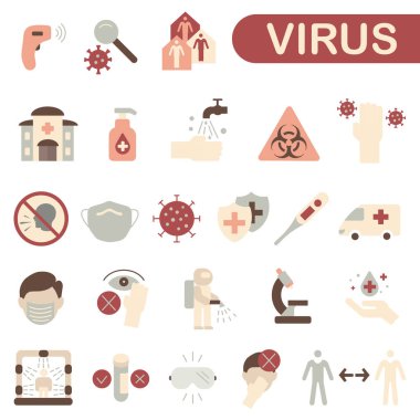 Virüs ve tedaviyle ilgili renkli ikonlar. Virüsün yayılmasını önlüyor. Virüs ve tedavisi. EPS 10.
