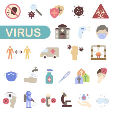 Virüs ve tedavisiyle ilgili parlak renkli ikonlar. Virüsün yayılmasını önlüyor. Virüs ve tedavisi. EPS 10.