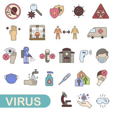 Virüs ve tedavisiyle ilgili hatları olan parlak renkli simgeler. Virüsün yayılmasını önlüyor. Virüs ve tedavisi. EPS 10.