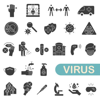 Virüs ve tedavisi ile ilgili karanlık ikonlar. Virüsün yayılmasını önlüyor. Virüs ve tedavisi. EPS 10.