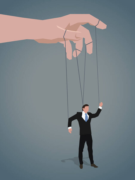 Puppeteer hands controlling puppets, manipulator concept. Employer domination exploitation or authority manipulator.