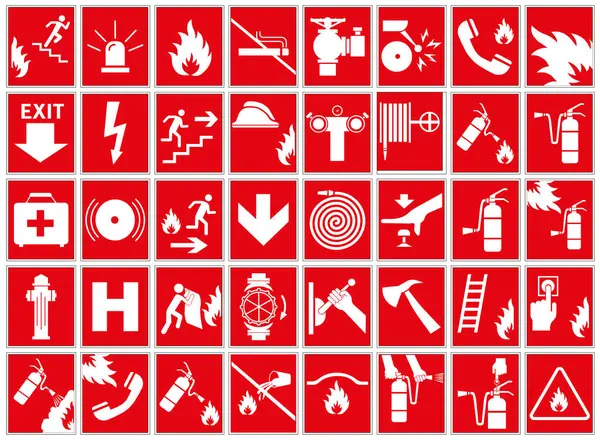 stock vector Signs of the necessary actions during a fire. Fire warnings and actions. Vector illustration.