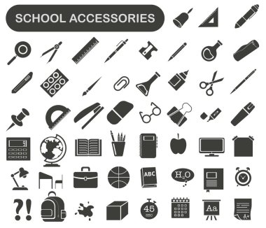 Beyaz arka planda izole edilmiş okul malzemeleri var. Okul malzemeleri cetvel, hesap makinesi, küre, kitaplar ve bilgisayar ile ayarlandı. EPS 10.