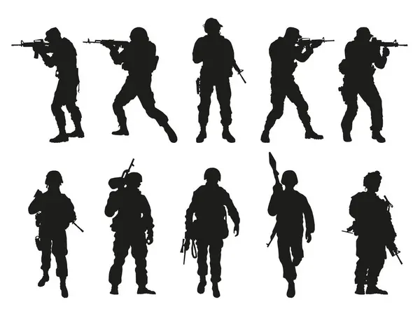 Stock vector Editable vector foreground silhouettes of standing soldiers on patrol, with shapes as small elements. EPS 10.