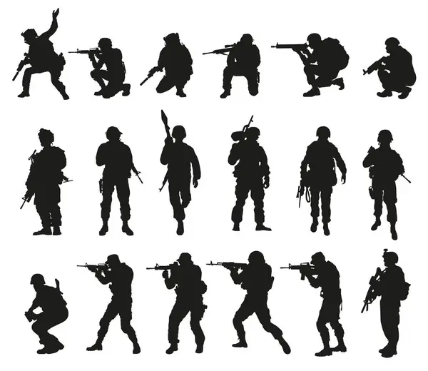 Soldati Uniforme Con Pistole Mitragliatrici Sfondo Bianco Soldati Piedi Accovacciati — Vettoriale Stock
