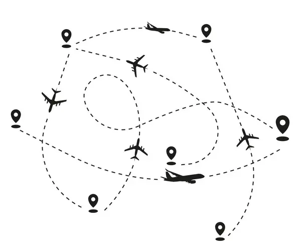 Route Aircraft Dotted Flights Dotted Line Starting Point Trajectory End — Stock Vector