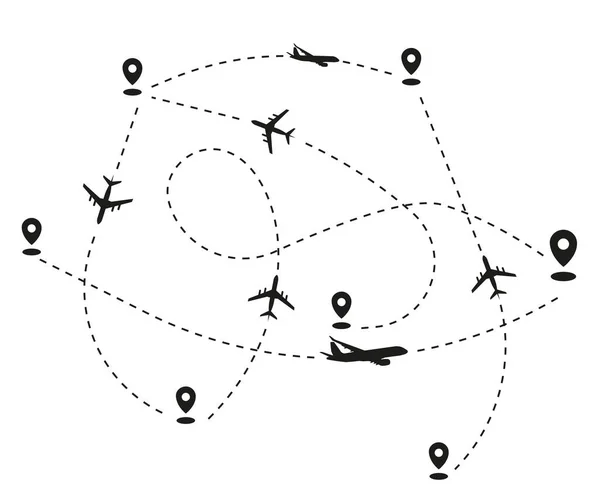 Rotta Dell Aereo Punteggiata Voli Con Una Linea Tratteggiata Dal Grafiche Vettoriali