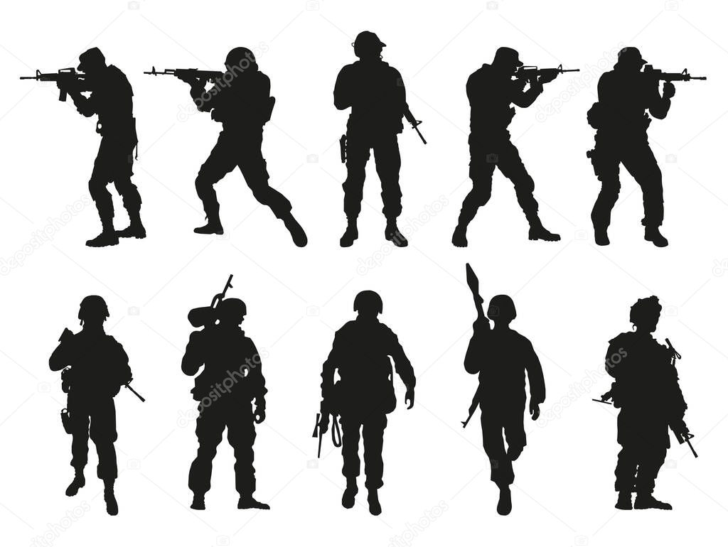 Editable vector foreground silhouettes of standing soldiers on patrol, with shapes as small elements. EPS 10.