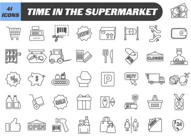 İnce pazar simgeleri. Süpermarket sembolleri. Mağaza ve süpermarketlerin simgeleri.