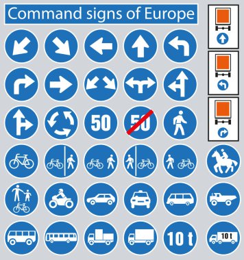 Avrupa 'nın zorunlu yol işaretleri. Avrupa 'nın yol işaretleri. Parlak yol işaretleri. EPS 10.
