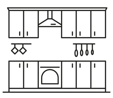 Mutfağa. Çeşitli mutfak ve ev aletleri olan modern bir mutfak tasviri. Vektör çizgisi şablonu. EPS 10.