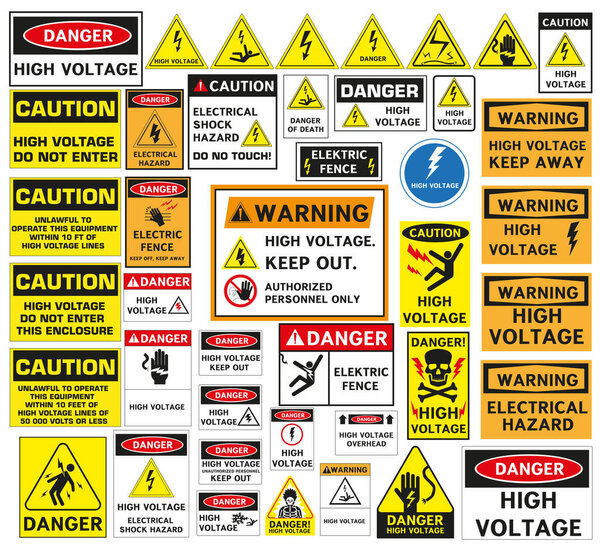 Big set of danger warning signs. Signs indicating caution. Electric shock sign. EPS 10.