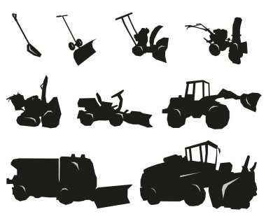 Karı kaldırmak için ekipman ve makineler. Vektör çizimi, endüstriyel temizlik sembolleri. EPS 10.