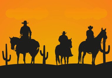 Silhouette of cowboys on horseback at sunset. Cowboy style. Sunset in the wild west. EPS 10. clipart