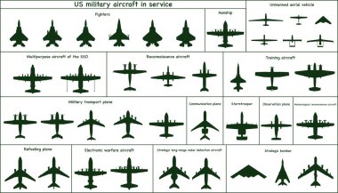 Farklı tipte Amerikan askeri uçakları. Siyah siluetler. Vektör grafikleri. ESP 10.