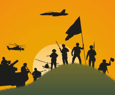 Kazanmanın önemi. Batan güneşin arka planına karşı savaşı kazanan askerlerin siluetleri. Vektör grafikleri. ESP 10.