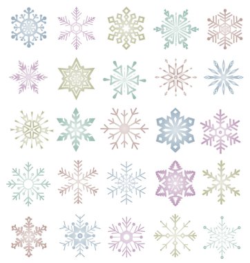Beyaz zemin üzerinde izole edilmiş gradyan kar taneleri koleksiyonu. Noel afişleri ve kartlar için güzel bir unsur. Organik ve geometrik kar taneleri seti. EPS 10.