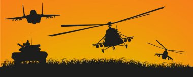 Silhouettes of military equipment, namely helicopters and tanks and a fighter plane against the backdrop of the setting sun. ESP 10. clipart