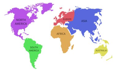 Dünya haritası beyaz arkaplanda izole edildi. Düz Dünya, dünya haritası şablonu. Dünyanın her parçası farklı bir renkle boyanmıştır. EPS 10.