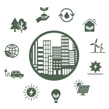 Temiz bir şehir için enerji kaynakları. Yenilenebilir enerji kaynaklarıyla ilgili yeşil düz ikonlar. EPS 10.
