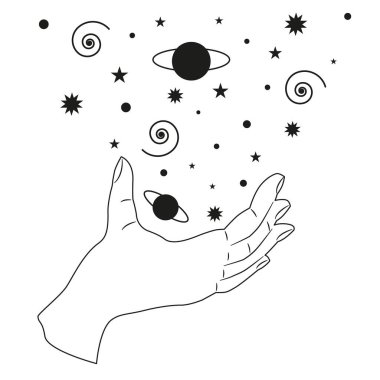 Takımyıldızları ve astronomi. Cennet gibi vücutları tutan eller. Uzay ve evren, düz bir şekilde vektör. EPS 10.