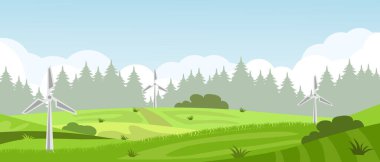 Güzel yaz tarlaları. Yeşil tepeler. Parlak renkler. Çizgi film tarzında arka plan. EPS 10.