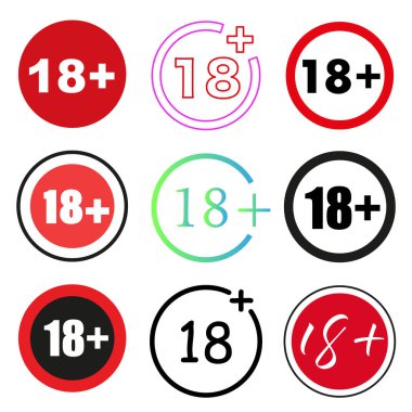 18 + yuvarlak kırmızı işaret. 18 yaşından küçükler için yasaklama işaretleri. Sadece yetişkinler için. EPS 10.