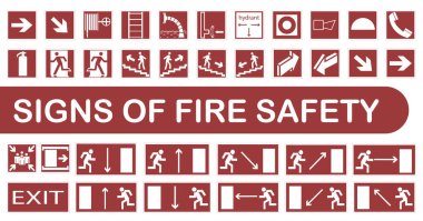 Ateş davranış kuralları. Ateş işaretleri. Buluşma noktası, acil durum toplanma noktası. EPS 10.