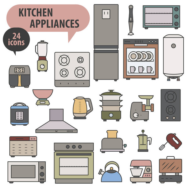 Kitchen appliances. Vector colored icons with stroke. A simple set of kitchen appliances. EPS 10.