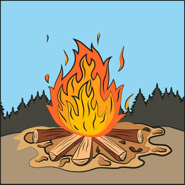 Een Brandhout Vlam Een Brandend Kampvuur Kampvuur Een Fel Kampvuur — Stockvector