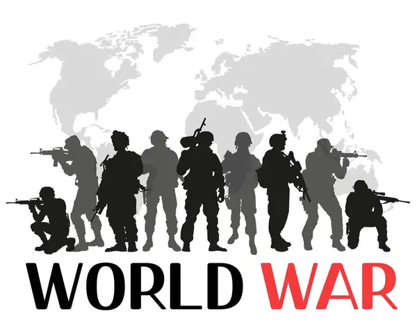 世界战争 身着制服 手持手枪和机关枪的士兵出现在世界地图上 Eps — 图库矢量图片