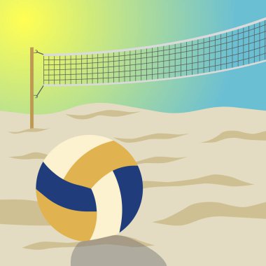 Plaj voleybolu. Voleybol ağının vektör çizimi ve kumun üzerinde bir top. EPS 10.