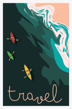 Okyanus dalgalarında kanolar. Kıyı şeridi. Seyahat konsepti. Deniz manzaralı. EPS 10.