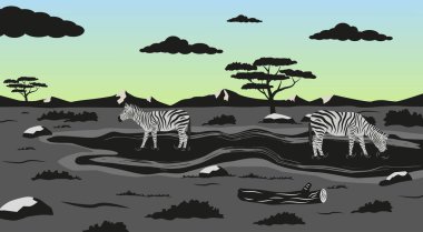 Doğa safarisi. Afrika doğasının arka planında zebra siluetleri var. Safari vektörü. EPS 10.