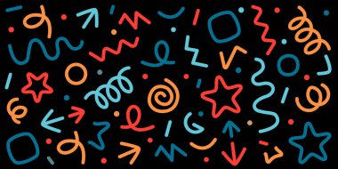 Düz ya da eğri çizgi, yaylar, semboller, karalamalar. Çeşitli doku ve şekiller. EPS 10.