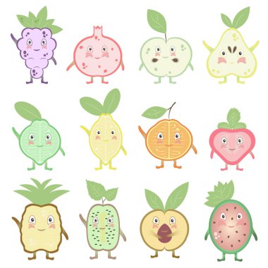 Renkli gülümseyen komik meyve vejetaryen koleksiyonu. Eğlenceli meyveler. Komik meyveler. EPS 10.
