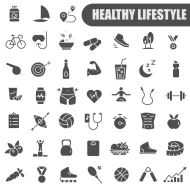 Sağlığın temelleri. Spor ve fiziksel egzersizler. Sağlıklı yaşam tarzı. Karanlık ikonlar. EPS 10.