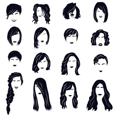Farklı kadın saç stilleri. Çeşitli şekillerde kadın saçı koleksiyonu. EPS 10.