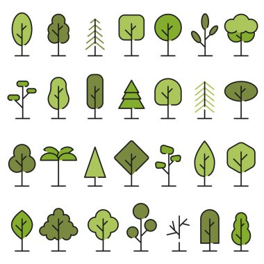 Koyu renkli yeşil ağaçlar. Ağaç çizimleri koleksiyonu. Her tat için odun. EPS 10.
