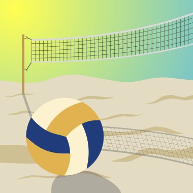 Voleybol ağının vektör çizimi ve kumun üzerinde bir top. Plaj voleybolu. EPS 10.
