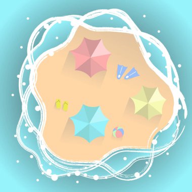 Kumlu bir plaj arka planında yaz afişi tasarımı. Yukarıdan kumsal manzarası. Plaj şemsiyesi EPS 10