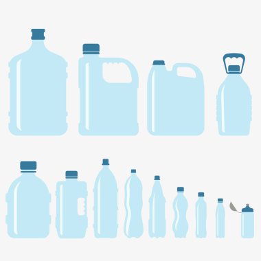 Büyük ve küçük su şişeleri. Beyaz arka planda izole edilmiş vektör su şişeleri. Su şişeleri.