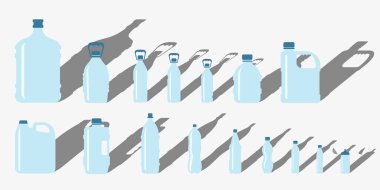 Büyük ve gölgeli küçük su şişeleri. Beyaz arka planda izole edilmiş vektör su şişeleri. Su şişeleri.