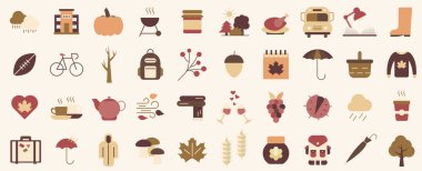 Sonbahar renk simgeleri seti. Sonbahar geldi. Sonbahar ikonları. Vektör illüstrasyonu.