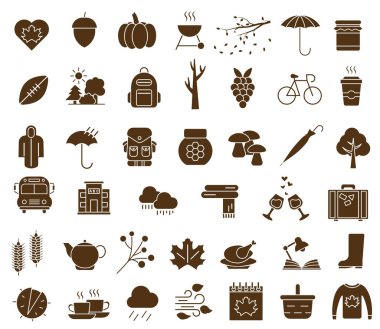 Karanlık sonbahar ikonları seti. Sonbahar geldi. Sonbahar parlak ikonları. Sonbahar ikonları. Vektör illüstrasyonu.