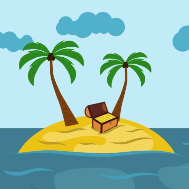 Hazine sandığı olan ıssız bir ada. Hazine Adası manzarası. Çocuklar için deniz fotoğrafı. EPS 10.