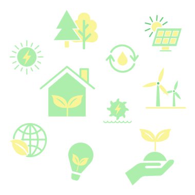 Enerji kaynakları. Sarı ve yeşil renklerde yenilenebilir enerji kaynaklarıyla ilgili düz ikonlar. EPS 10.