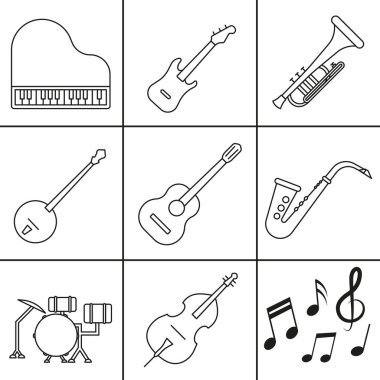 İnce bir çizgide basit bir müzik aleti seti. Caz ve blues müzik aletlerinin görüntüsü. EPS 10.